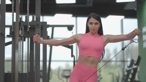 A-young-woman-in-a-crossover-raises-her-shoulder-arms-in-a-pink-suit.-Exercises-for-training-the-arms-and-shoulders